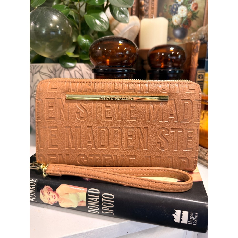 Steve Madden Cognac Embossed Logo Zip Around Wristlet Continental Wallet